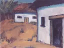 Zigeunerhütten ca1928 van Otto Mueller: landschap met huisjes, zandgrond, bomen en hutten, in okerbruin met wit