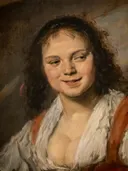 Zigeunermeisje van Frans Hals: portret met jonge vrouw, glimlach, krullen en blouse, in warm bruin en wit