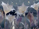 Schilderij van zilverkleurige sterbloemen bij een bergmeer onder een sterrenhemel