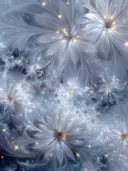 Schilderij van talrijke zilverwitte stervormige bloemen die zachtjes gloeien
