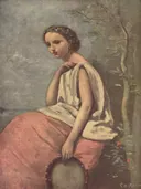 Zingara au tambour de basque van Jean-Baptiste-Camille Corot: portret met vrouw, tamboerijn, muziek en roze rok, in roze en grijs