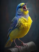 Blauwgele vogel zingt op een stok