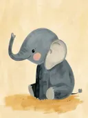 Schilderij van een zittende baby-olifant met opgekrulde slurf