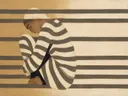 Schilderij van zittende figuur in camel en ivoor, in vlakke kleurvlakken