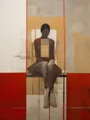 Gestileerde geometrische afbeelding van een zittende figuur in rood, oker en grijs.