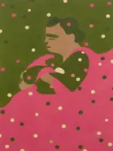 Schilderij van zittende figuur in olijf en roze