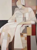 Gestileerde geometrische afbeelding van een zittende figuur in wit gewaad met hoofddoek.