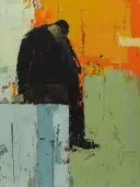 Zittende gestalte in kleurvlakken, portret schilderij