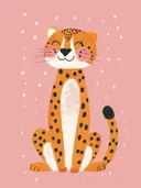 Schilderij van een zittende cartoon luipaard met roze achtergrond