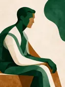 Zittende man in bosgroen, mid-century modern schilderij