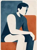 Zittende man in leiblauw, mid-century modern schilderij