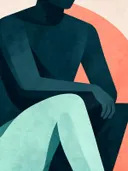 Zittende man in petrolblauw, mid-century modern schilderij