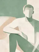 Zittende man in saliegroen, mid-century modern schilderij
