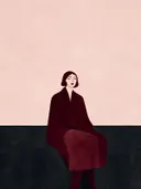 Zittende vrouw in bordeaux, mid-century modern schilderij