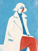Zittende vrouw in hemelsblauw, mid-century modern schilderij