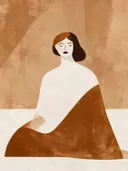 Zittende vrouw in karamel, mid-century modern schilderij