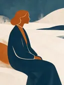 Zittende vrouw in leiblauw, mid-century modern schilderij