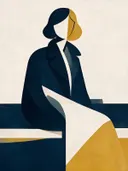 Zittende vrouw in middernachtblauw, mid-century modern schilderij