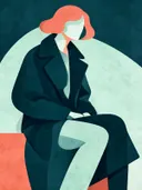 Zittende vrouw in petrolblauw, mid-century modern schilderij
