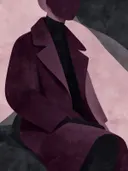 Zittende vrouw in pruim, mid-century modern schilderij