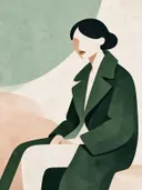 Zittende vrouw in saliegroen, mid-century modern schilderij