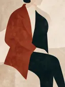 Zittende vrouw in steenrood, mid-century modern schilderij