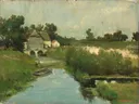 Zomerdag van Jan Hendrik Weissenbruch: landschap met vaart, boerderij, riet en zomer, in fris groen en zachtblauw