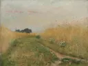 Zomerlandschap, korenveld van Emile Claus: landschap met korenveld, zomer, pad en gras, in okergeel en groen