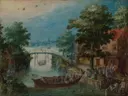 Zomerlandschap van Christoffel van den Berghe: landschap met zomer, dorp, brug en rivier, in fris groen en blauw