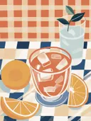 Schilderij van twee cocktails met ijsblokjes en sinaasappelschijfjes op een geruit tafelkleed