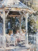Impressionistisch schilderij van kinderen op een zomerterras