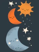 Illustratie van een lachende zon en twee manen met sterren, kinderkamer schilderij