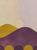 Schilderij van zon tussen twee heuvels in pruim en mosterd