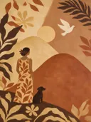 Schilderij van zon tussen twee heuvels in terracotta en zand, in vlakke kleurvlakken