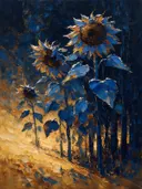 Schilderij van zonnebloem aan de bosrand in diepblauw, in vlakke kleurvlakken