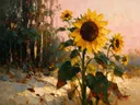 Schilderij van zonnebloem aan de bosrand in groenroze, in vlakke kleurvlakken