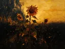 Schilderij van zonnebloem aan de bosrand in roest, in vlakke kleurvlakken