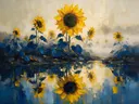 Schilderij van zonnebloem aan de oever in blauwgeel, in vlakke kleurvlakken