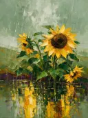 Zonnebloem aan de oever in bosgroen, schilderij van zonnebloem aan de oever