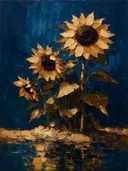 Schilderij van zonnebloem aan de oever in zandduin, in vlakke kleurvlakken