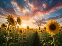 Landschapsfoto van zonnebloem bij het gouden uur, met een bloesemboom