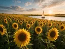 Landschapsfoto van zonnebloem bij het gouden uur, met een zeilbootje