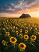 Landschapsfoto van zonnebloem bij het gouden uur, met een verweerde schuur aan de rand van het veld