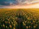 Landschapsfoto van zonnebloem bij het gouden uur, met een houten poort bij de ingang van het veld