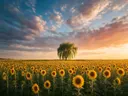 Landschapsfoto van zonnebloem bij het gouden uur, met een treurwilg