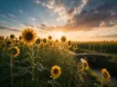Landschapsfoto van zonnebloem bij het gouden uur, met een stenen bruggetje