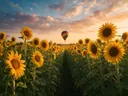 Landschapsfoto van zonnebloem bij het gouden uur, met een luchtballon boven de horizon