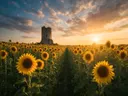Landschapsfoto van zonnebloem bij het gouden uur, met de ruïne van een oude toren