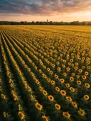 Landschapsfoto van zonnebloem bij het gouden uur, met een kerktoren die boven de bomen uitsteekt