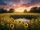 Landschapsfoto van zonnebloem bij het gouden uur, met zwanen